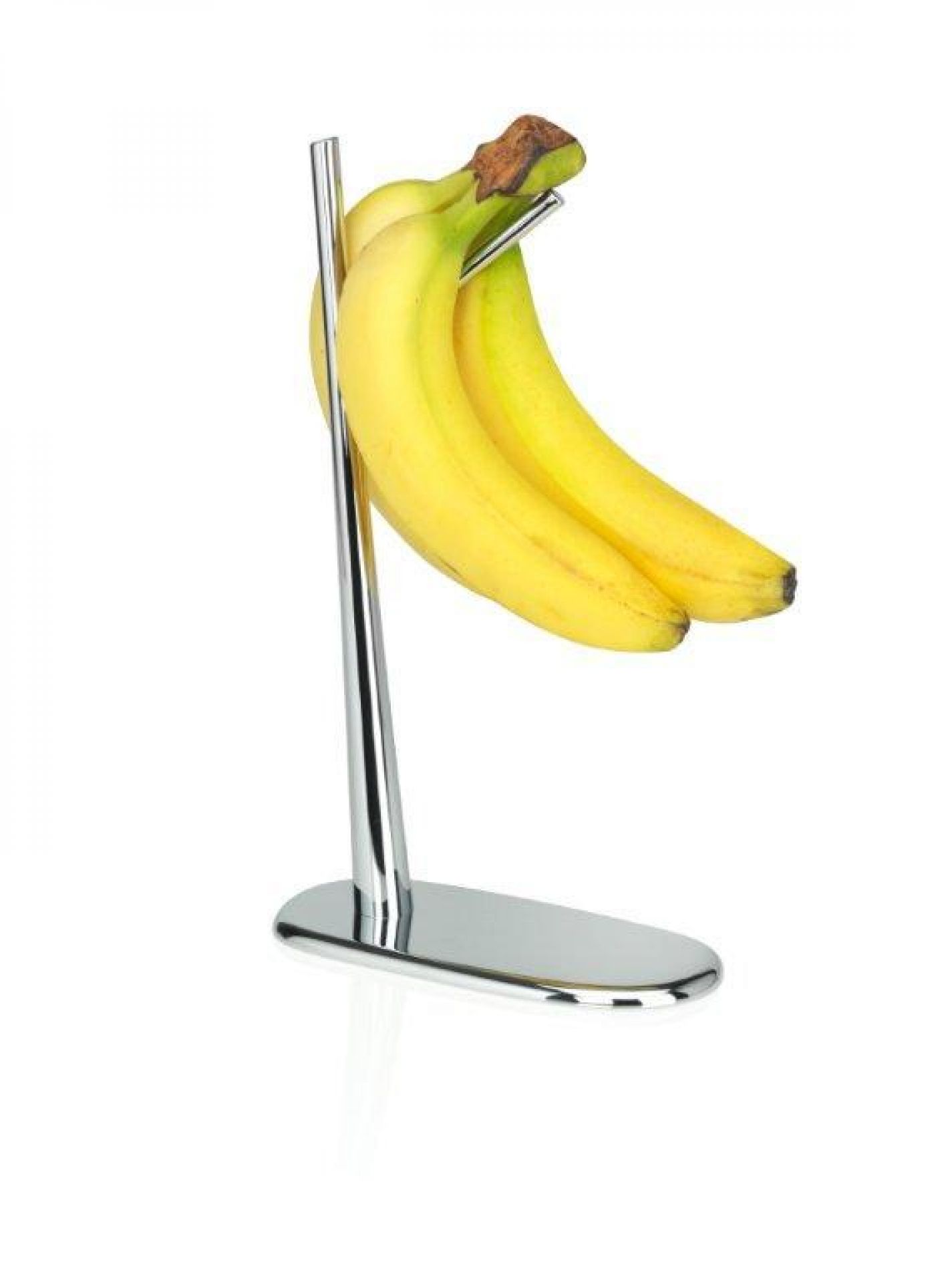 Alessi Bananenhalter aus poliertem Edelstahl mit Bananen. Praktischer und dekorativer Obsthalter für die Küche.